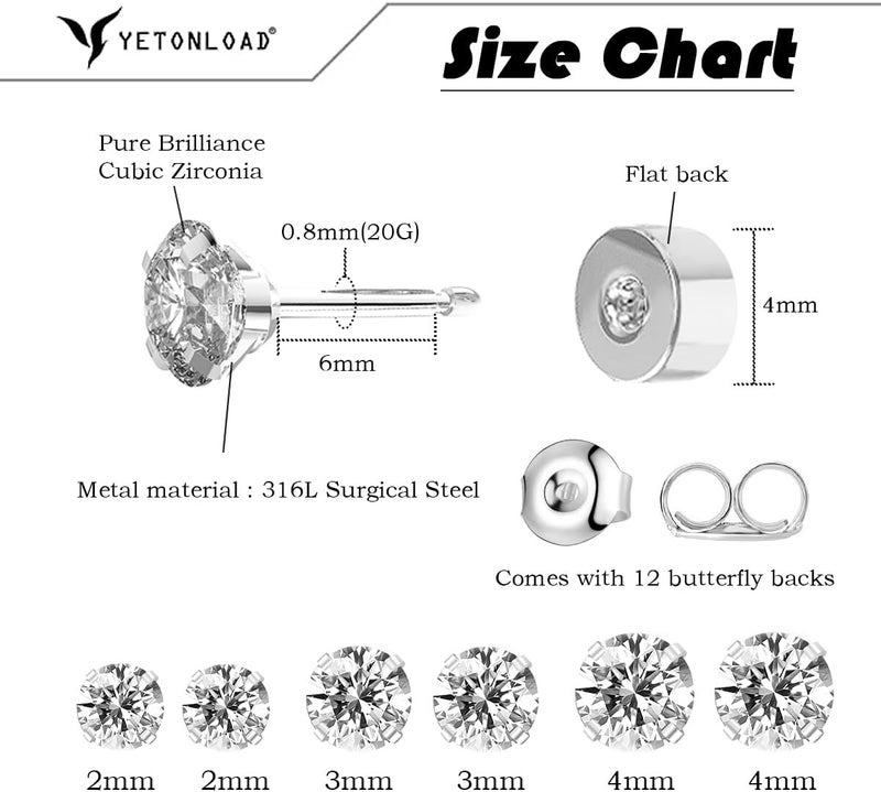 Yetonload 5-6 pairs Push-in Flat Back Stud Earrings Hypoallergenic Surgical Stainless Steel Cubic Zirconia Earrings Studs Set Multi-Pack, CZ Stud Earrings for Women Men Trendy Cartilage Stud Earrings 2-8mm - Image 2